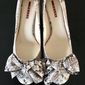 Prada Sport Gray Snake Finish Low Heel Bow Pumps